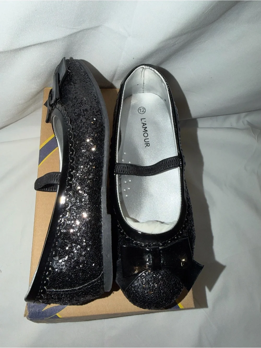 LAmour Black Sparkle Bow Mary Jane Girls Size 12